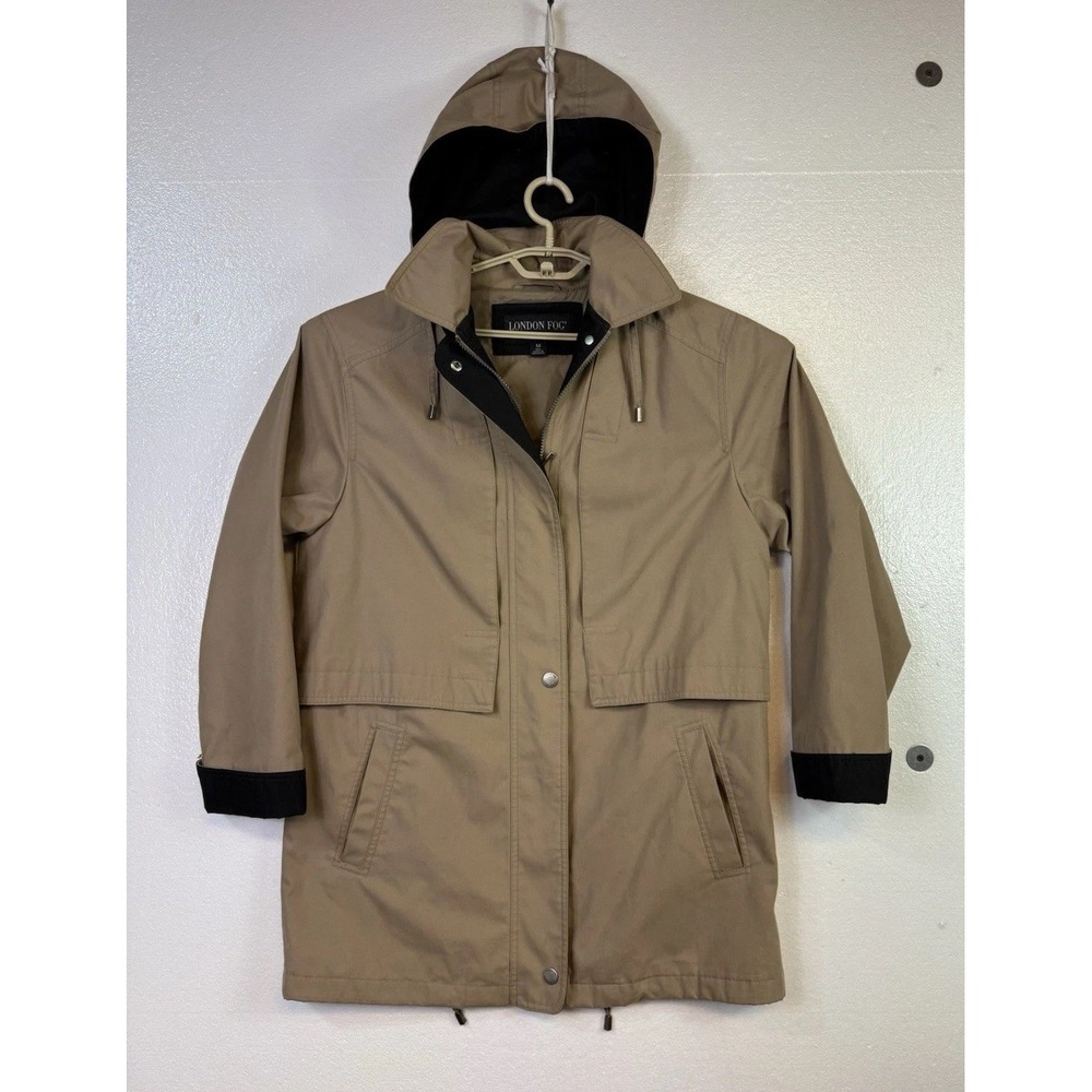 London Fog Limited Edition Jacket Womens M Tan Khaki Hooded Full Zip Coat Button - Picture 1 of 9